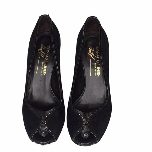 DONALD J PLINER 8M ZEPPEL Black Pump Suede Leather Zipper Trim Peep Toe Heels - Picture 4 of 10